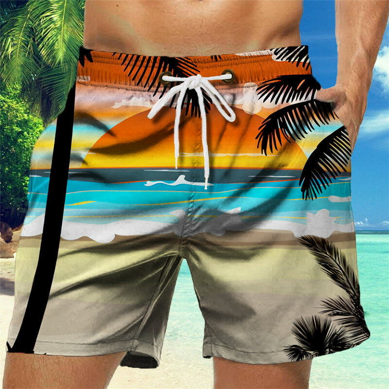 Men's Loose Beach Shorts Drawstring Quick Dry Coconut Tree Shorts For Summer Women Men 3D Print Casual Oversized Sport Shorts