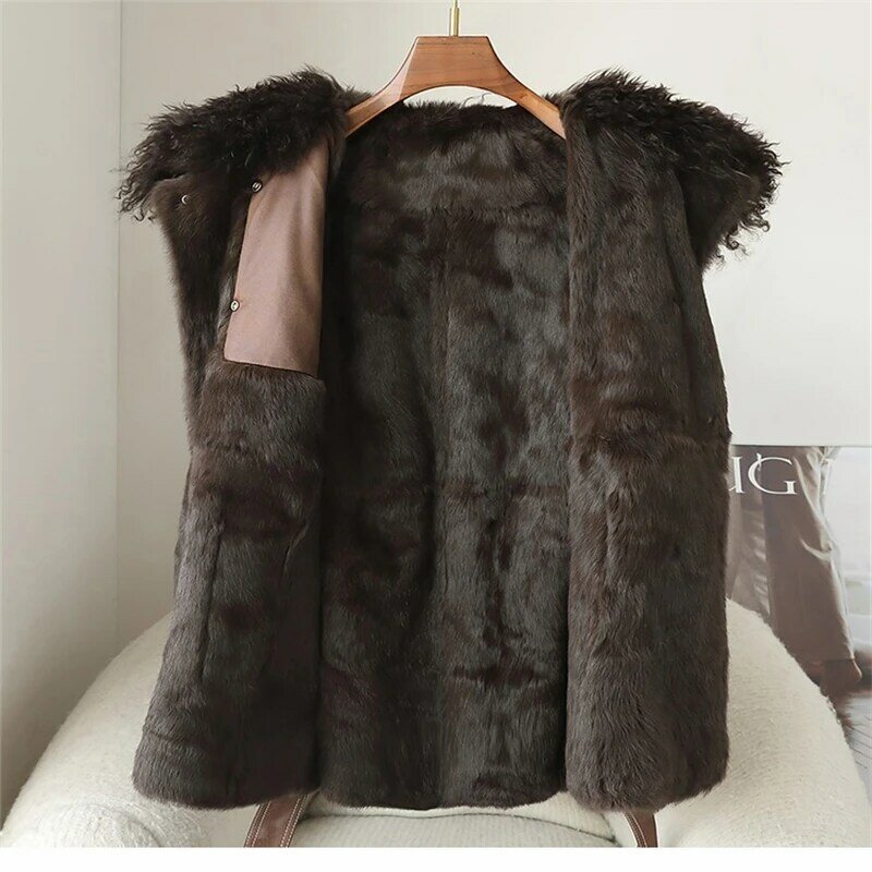 2023 Young Fall and Winter New Wool Collar Rabbit Hair Liner Fashion Medium-length Warm Jacket JT432