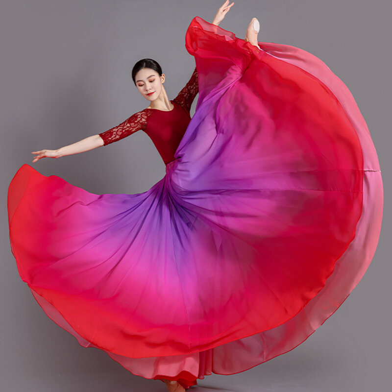 Nieuwe Kleur Vloeiende Lange Spaanse Rok 720 Graden Gradiënt Buikdansrok Vrouwen Klassieke Dansvoorstelling Kostuum Zonnerok