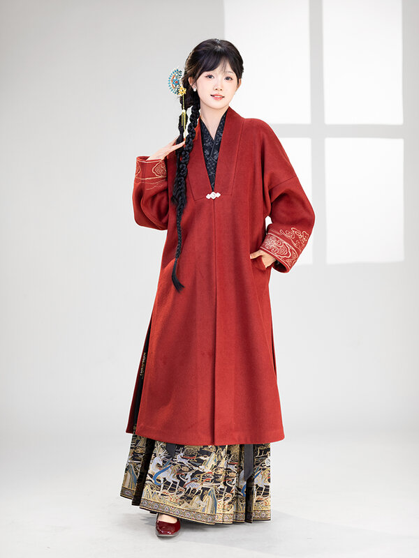 Casaco bordado quente estilo Han feminino, moda retrô, outono e inverno