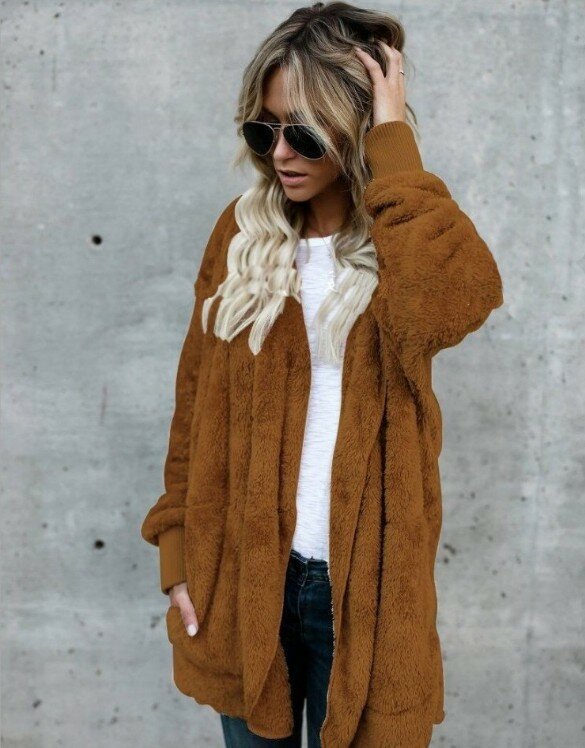 Cárdigan de lana doble para mujer, chaqueta de manga larga de felpa, abrigo cálido con capucha, prendas de vestir exteriores de gran tamaño, Color sólido, Otoño e Invierno