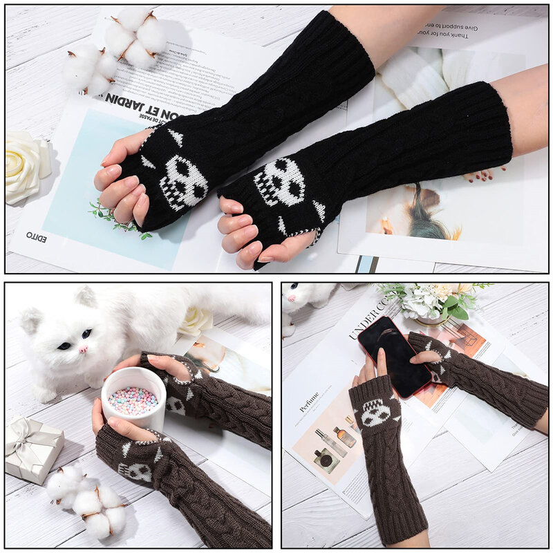 Punk Gothic Knitted Skull Long Fingerless Gloves Gothic Black Cuff Women Men Ninja Outdoor Cos Elbow Mittens Arm Warmers