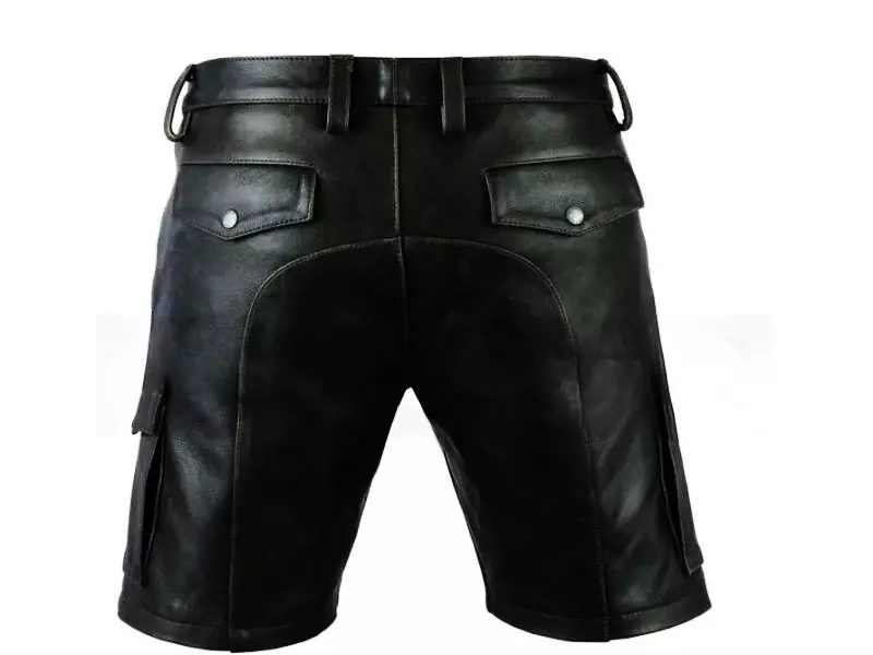 Shorts de couro de couro real masculino com cinto, bolsos pretos, 2023