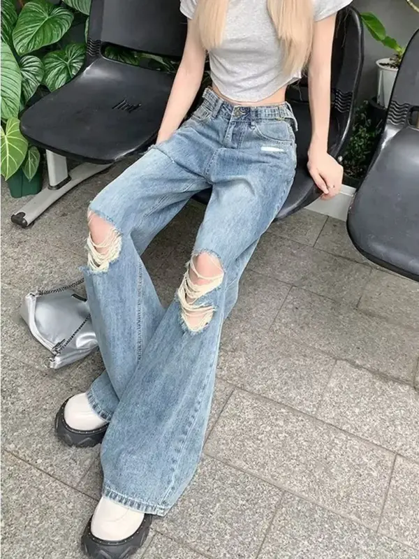 Jeans Denim lurus Retro dengan lubang musim panas, celana panjang lantai kaki lebar pas longgar dan pelangsing pinggang tinggi