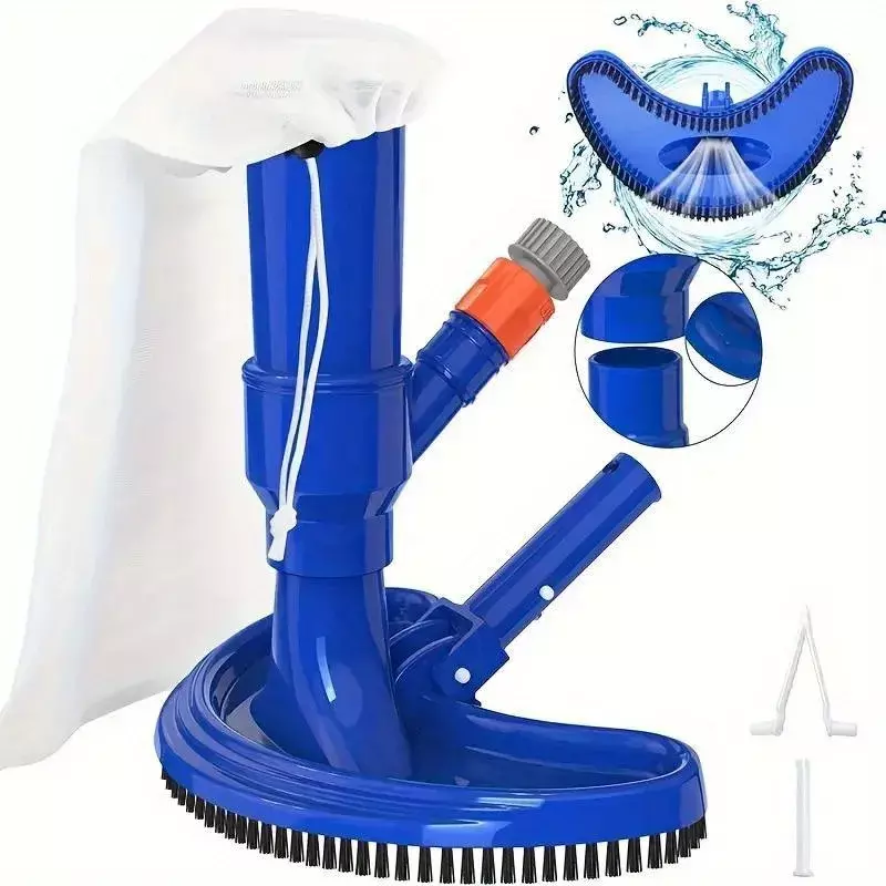 Alat pembersih bawah air vakum Jet kolam portabel, alat pembersih profesional bentuk bulan sabit biru dengan tas sikat untuk Kolam renang