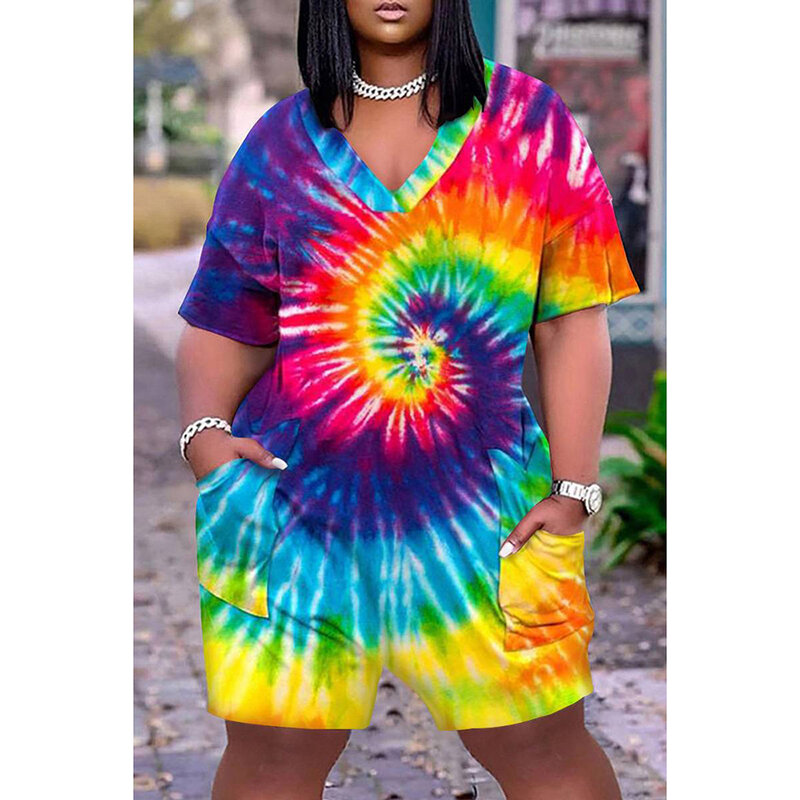 Plus Size Multicolor Daily Tie-Dye Print Half Sleeves V-Neck With Pocket Rainbow Rompers