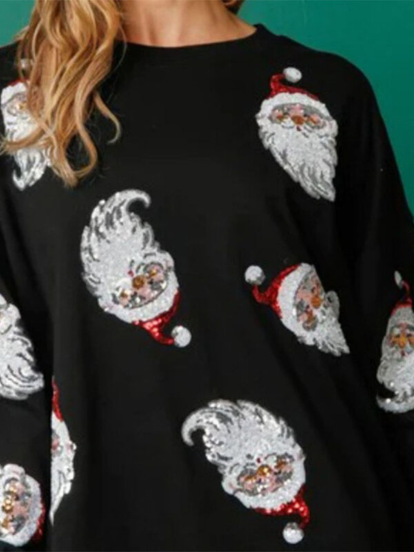 Women s Crewneck Sweatshirt Santa Claus Gingerbread Man Sequins Printed Christmas Sweatshirt