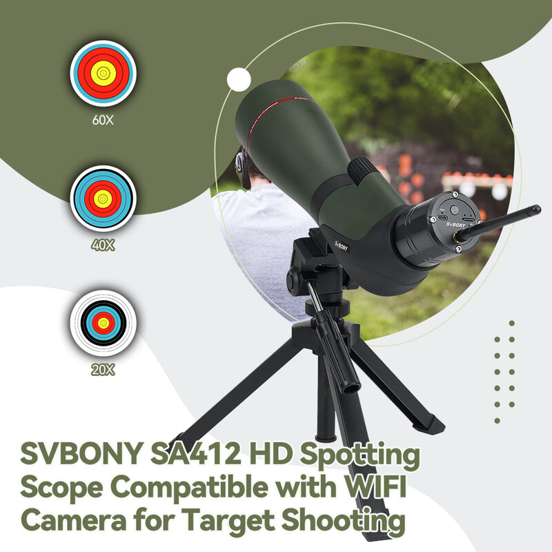 منظار SVBONY مع كاميرا واي فاي ، حامل ثلاثي القوائم مكتبي قابل للتعديل ، تصوير متوسط المدى ، HD ، FMC ، SA412 ، 20-60x80 ، SC001