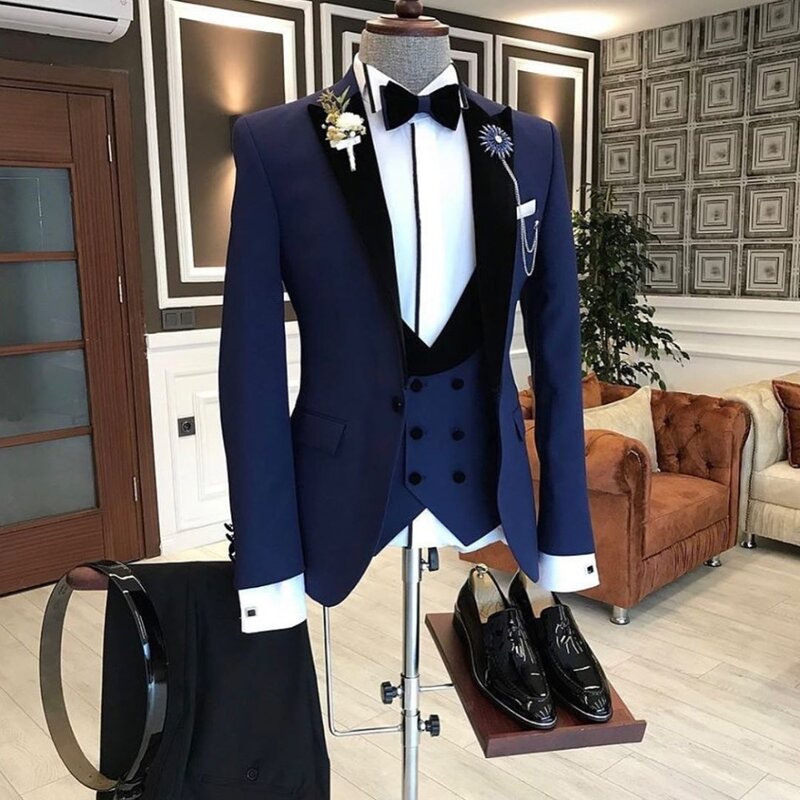 Traje de negocios para hombre, esmoquin ajustado con solapa de pico, color azul marino y negro, 3 piezas