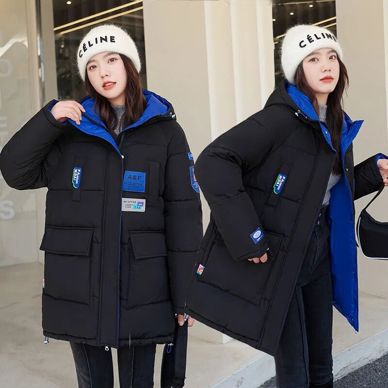 Женская двусторонняя куртка на хлопковом наполнителе, теплая Толстая хлопковая куртка, Корейская свободная парка с капюшоном, женская верхняя одежда, зимнее пальто, зима 2023