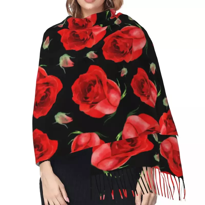 Autumn Winter Warm Scarves Red Rose Flowers Fashion Shawl Tassel Scarves Wrap Neck Headband Hijabs Stole