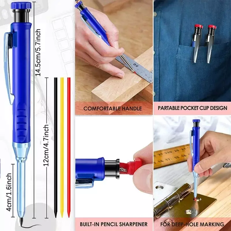 Lápis de carpinteiro sólido com apontador, lápis mecânico, carpintaria, construção, cabeça longa, papelaria suprimentos