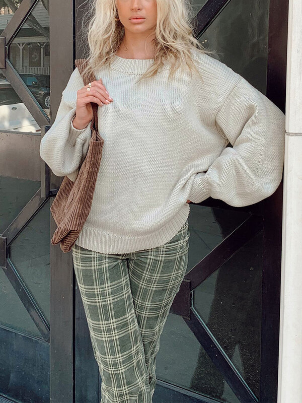 Sweter luźny dzianinowy damski sweter w jednolitym kolorze z długim rękawem jesienno-wycięcie pod szyją swetry Streetwear
