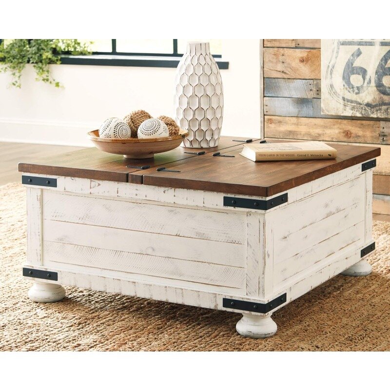 Farmhouse Square Storage Coffee Table with Hinged Lift Top, Distressed White