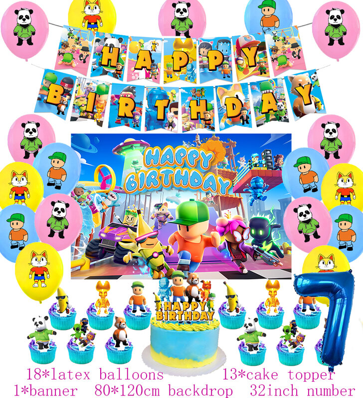 Stumble guys decoración de fiesta de cumpleaños, suministros de vajilla, globos de látex, pancarta de fondo, Topper de pastel, Baby Shower