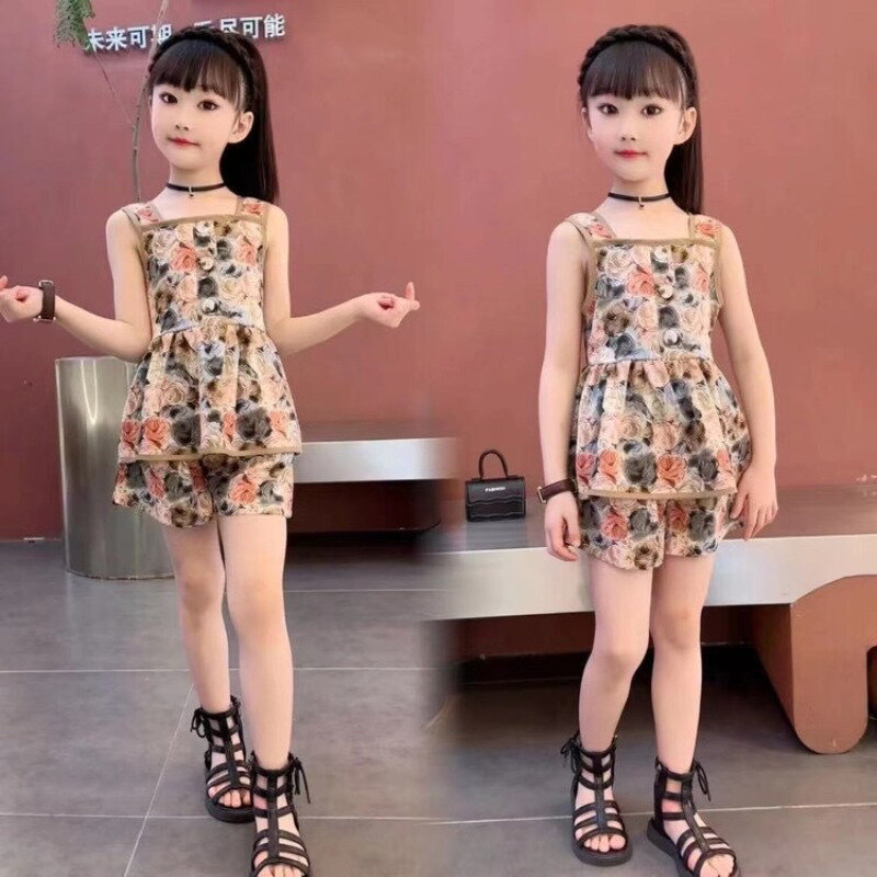 Vestito estivo per ragazze 2024 nuovi vestiti per bambini gilet con cavezza in Chiffon coreano + pantaloncini set di due pezzi marea abbigliamento per bambini tuta