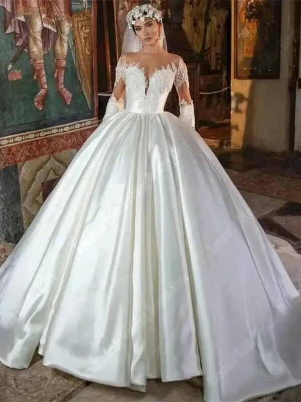 New Lace Printing Women Wedding Dresses Long Sleeves Vintage Bridal Gowns Smooth Satin Surface Court Skirt Hem Vestidos De Novia