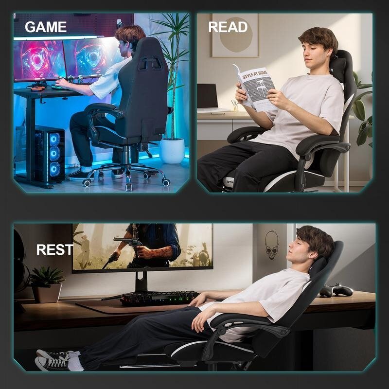 GTPLAYER 사무실 게임용 의자, 포켓 용수철 쿠션, 인체 공학적 의자, 360 ° 회전 시트, 소프트 원단 게임용 의자, 발받침 포함