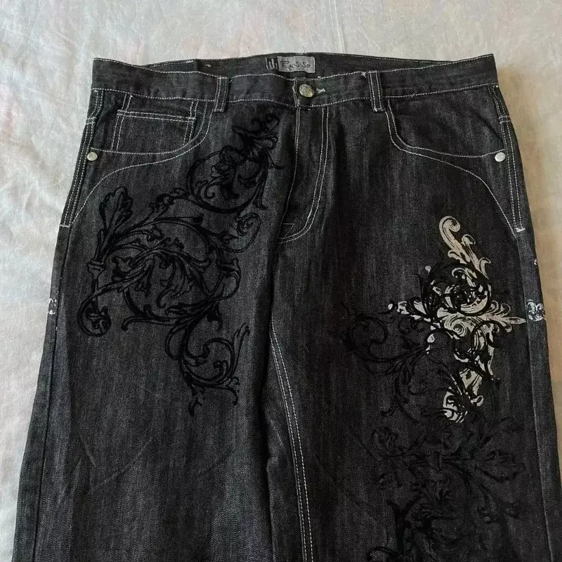 Свободные повседневные Черные джинсы в стиле Харадзюку, в готическом стиле, с принтом, в стиле хип-хоп, мужские универсальные прямые брюки с широкими штанинами, 2024