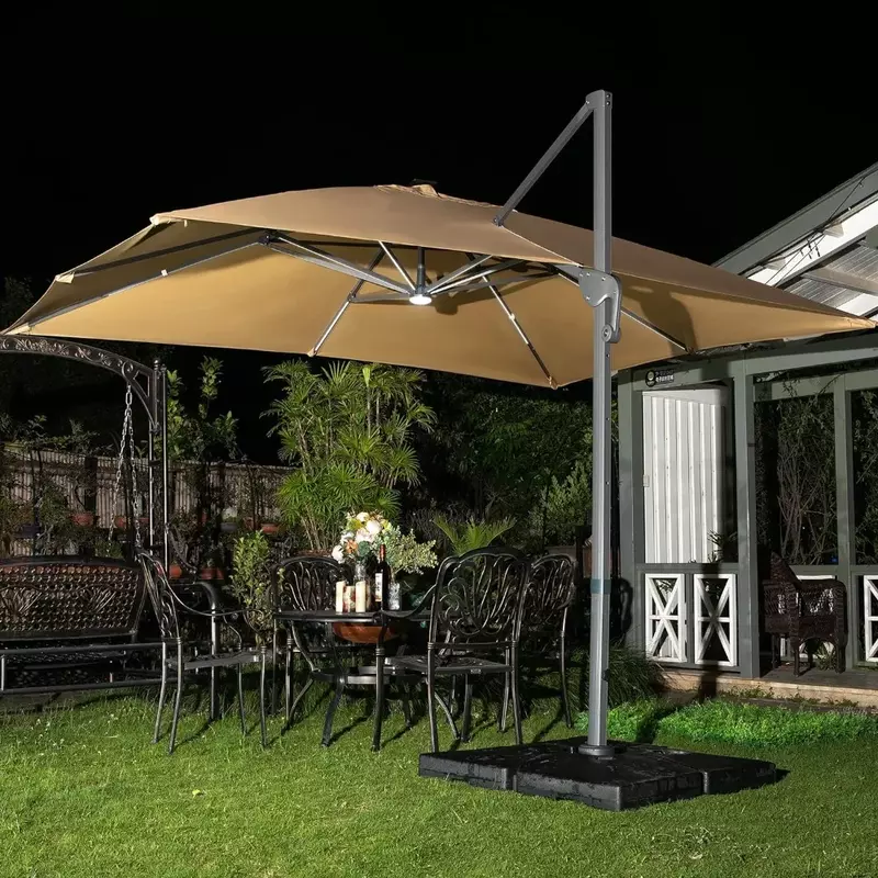 Paraguas solar LED en voladizo para exteriores, sombrilla con rotación de 360 °, sombrilla cuadrada inclinada integrada al bies