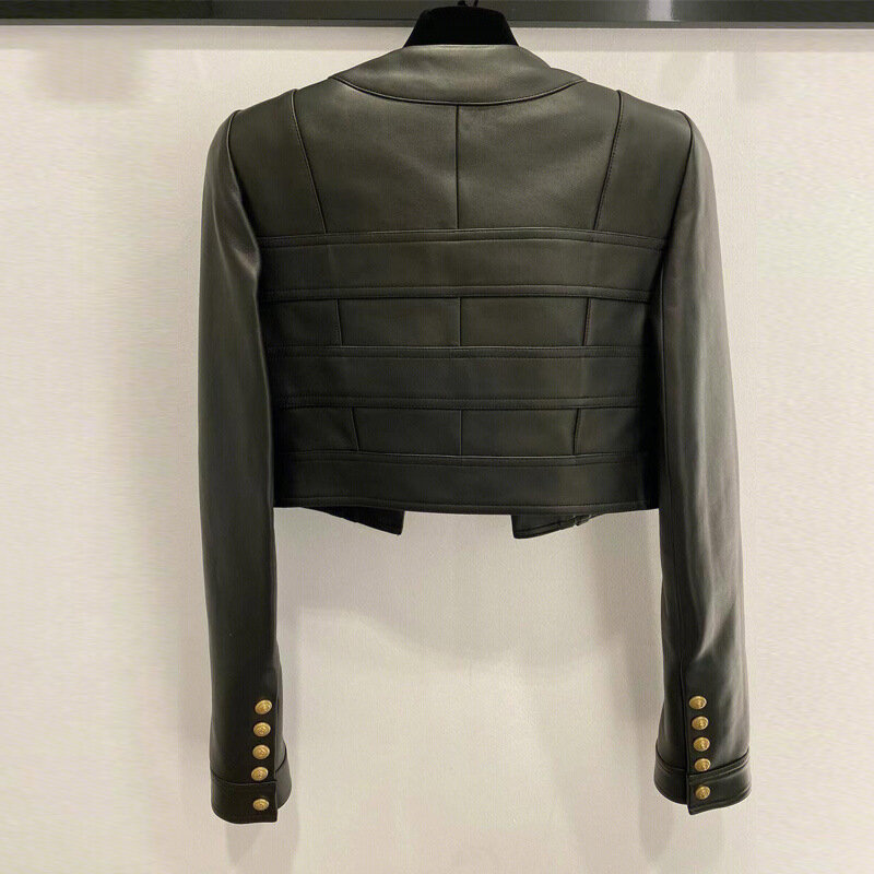 여성용 하이 스트리트 PU 가죽 짧은 재킷, 2023 봄 패션, 라운드 칼라, 더블 메탈 버클, 긴팔 코트, s529, 신상