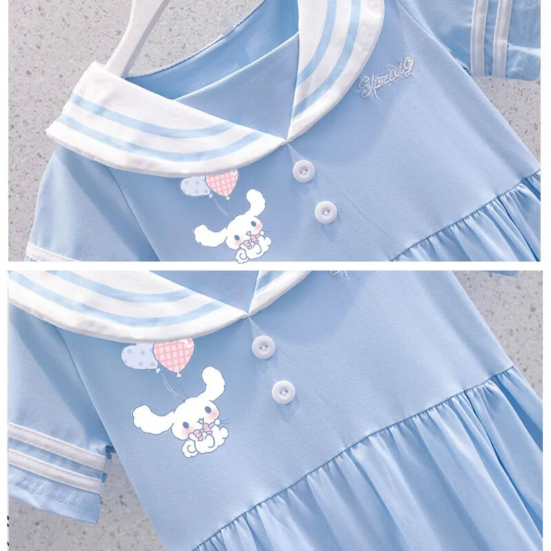 Sanrio Cinnamoroll sukienki dziecięce letnie z krótkim rękawem dziewczynka granatowa szyja księżniczka sukienka urodziny ubrania dla dzieci prezent