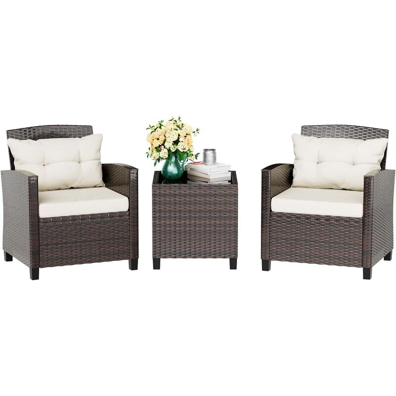 3 Piece Patio Furniture Set, Small Outdoor Wicker Rattan Front Porch Bistro Set, Patio Chairs Set with Glass Table