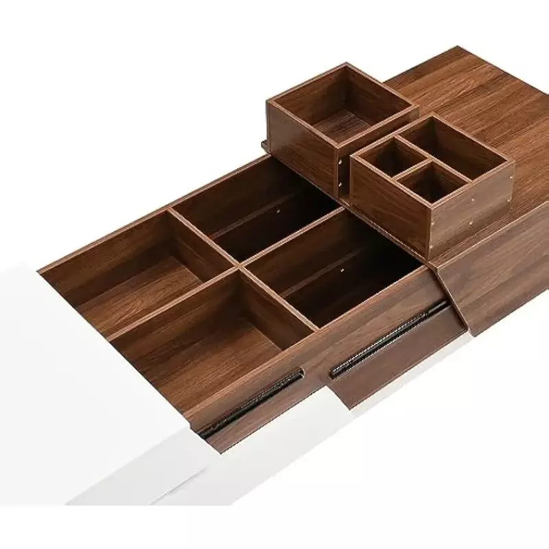 Mesa de centro extensible con tapa deslizante para cajas móviles + 4 espacios de partición, multifuncional, oficina, dormitorio, Blanco/nogal (rectángulo)