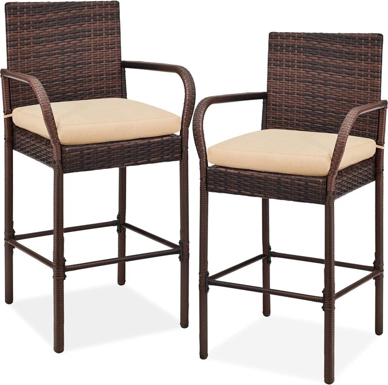 Set of 2 Wicker Bar Stools, Indoor Outdoor Bar Height Chairs w/Cushion, Footrests, Armrests for Backyard, Patio, Pool, Garden