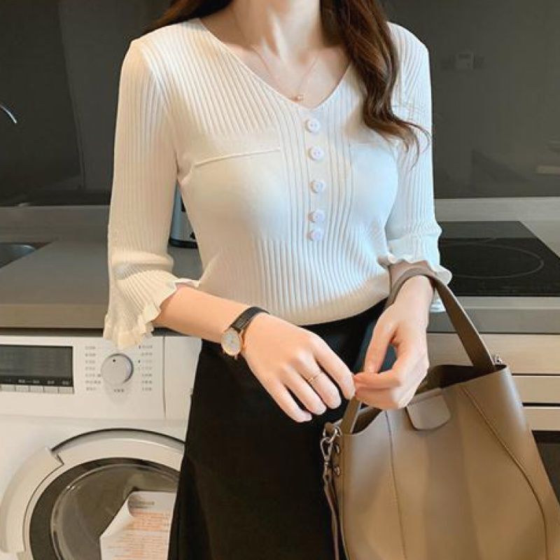 Fashion V-Neck Button Knitted Flare Sleeve T-Shirts Women's Clothing 2024 Summer New Slim All-match Tops Office Lady Tee Shirts