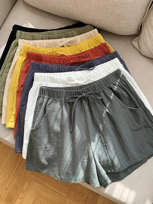 Pantalones cortos informales de lino para mujer, ropa deportiva holgada de gran tamaño, cintura alta, pierna ancha, versátil