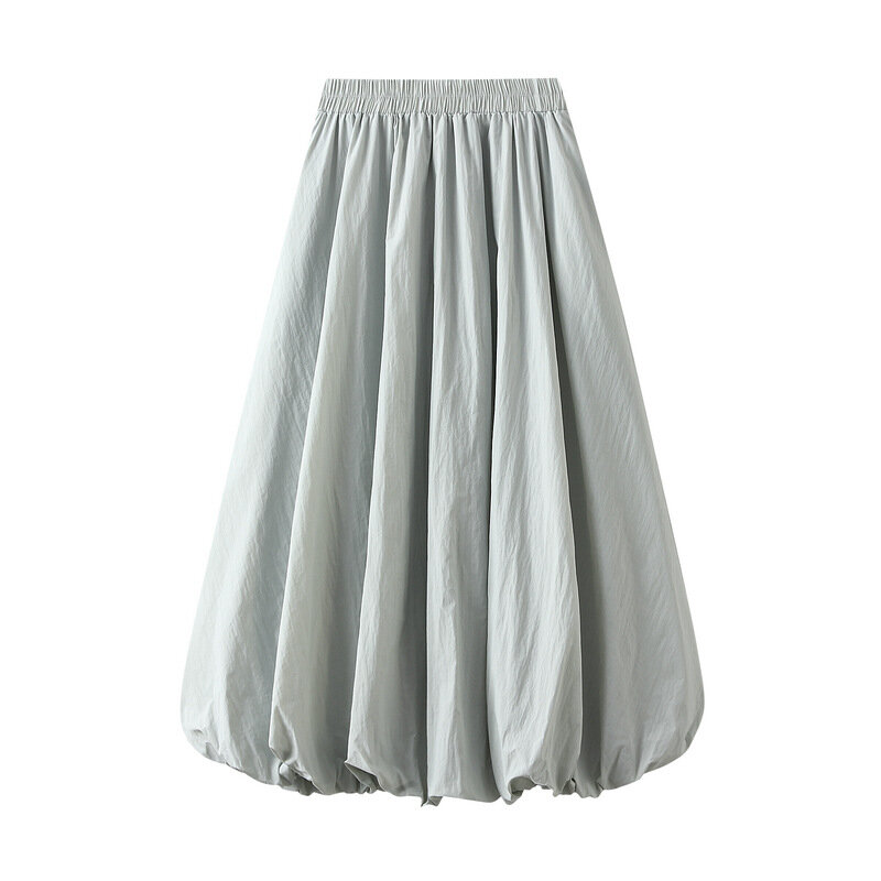 Nighpha rok wanita pinggang elastis garis A rok gelembung panjang rok Pompom rok lentera kasual dengan saku