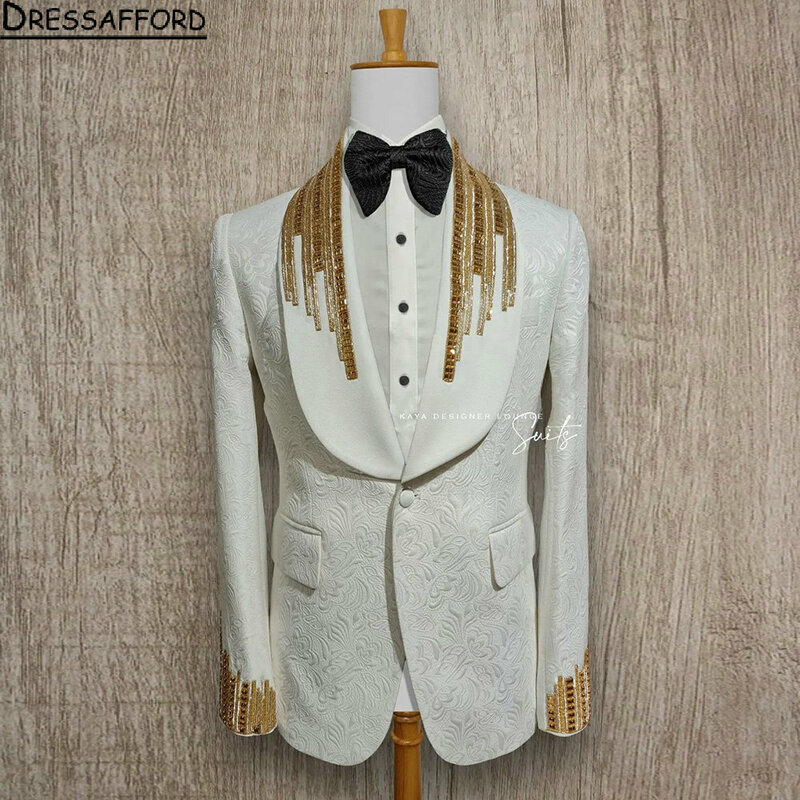 Pakaian pria dua potong tenun Jacquard putih, Blazer pesta malam manik-manik kristal emas (jaket + celana)