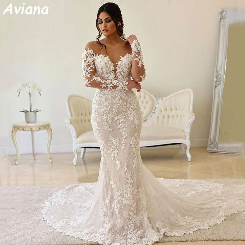 Aviana ชุดแต่งงานนางเงือกชายหาดแขนยาวชุดลูกไม้ผ้าปะติดคอกลมชุดสำหรับเจ้าสาวภาพลวงตาเสื้อคลุมงานแต่งงาน