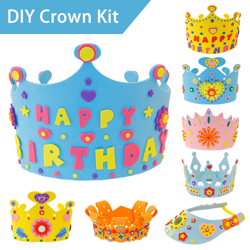 Kit de corona de lentejuelas de papel de espuma hecho a mano, Tiaras de cumpleaños, Material de sombrero, juguete artesanal DIY para niños, decoraciones de fiesta para niños, estilo aleatorio
