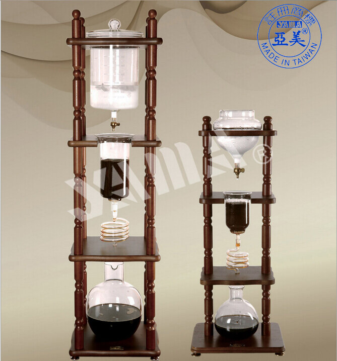 Szklany ekspres do zimnego filtr do kawy holenderski 6-8 /25 kubków ekspres do zimnego kroplówki zakrzywiony brązowy rama drewniana (32OZ)