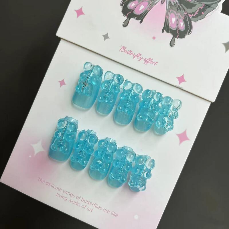 10Pcs Ice Blue Handmade Kawaii Press On Nails Jelly Bear Decorate Fake Nails Full Cover Wearable Artificial Nails Art Tip s