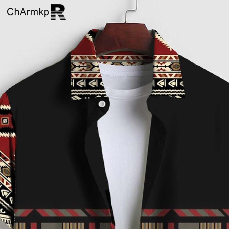 ChArmkpR 2024 Summer Men Shirts Fashion Geometric Print Patchwork Short Sleeves Tops Streetwear Camisas Lapel Tee  S-2XL