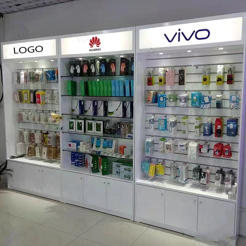 Accesorio de tienda de teléfono personalizado y moderno, soporte de accesorios para teléfono móvil, Led, vitrina