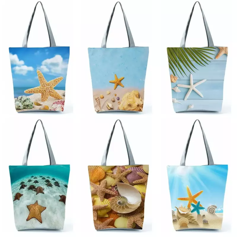 حقيبة كتف مطبوعة بنمط نجم البحر ، أزياء السيدات ، حقيبة شاطئ كل المطابقة ، حقيبة تسوق صديقة للبيئة ، VL015