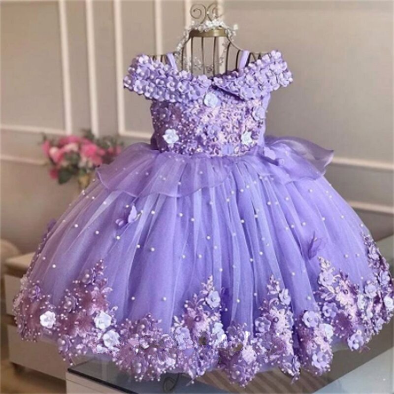 Gaun perempuan bunga Applique putri mewah untuk pernikahan Tulle bola mutiara gaun kontes anak-anak pakaian Komuni Pertama pesta ulang tahun