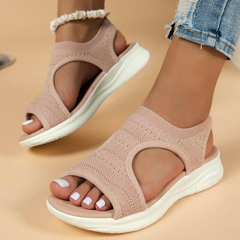 Sandálias de plataforma feminina em malha, salto baixo tamanho grande, sapatos de praia casuais, verão, 2022