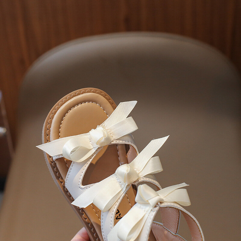 Сандалии для девочек с бантом, мягкая нескользящая подошва, открытый носок, удобная Пляжная обувь в римском стиле, лето 2024