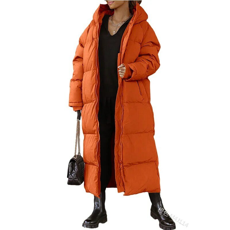Solid Color Long Cotton Coat Hooded Fashion Casual Zipper Long Sleeve Women's Coat