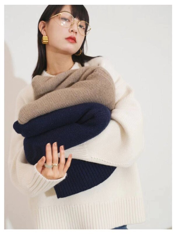 Pullover da donna inverno 100% maglione di lana Casual tinta unita maglieria abbigliamento donna girocollo top addensato camicetta allentata