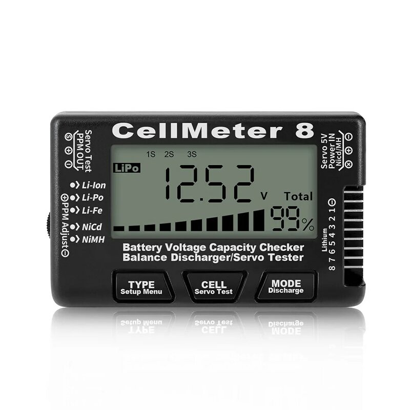 Тестер емкости аккумуляторов CellMeter8, ЖК-дисплей, цифровой, совместимый с аккумуляторами LiPo/Li lon/Li Fe и NiCd/NiMH