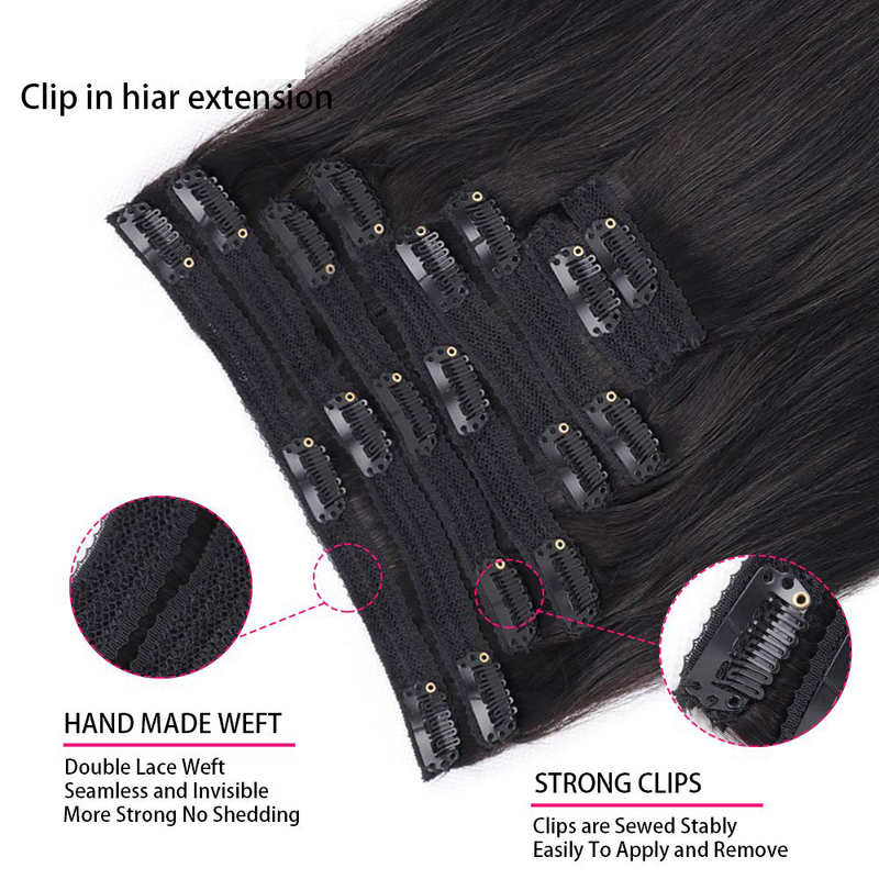 Прямые удлинители волос с зажимом в комплекте, 120 г, двойные пряди, 100% натуральные бразильские человеческие волосы, натуральный черный цвет для женщин