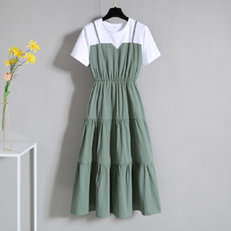 Women's Fashion Suspender Fake Two-piece Long Skirt in Spring and Summer with a Slim Waist and Short Sleeves to Reduce Age