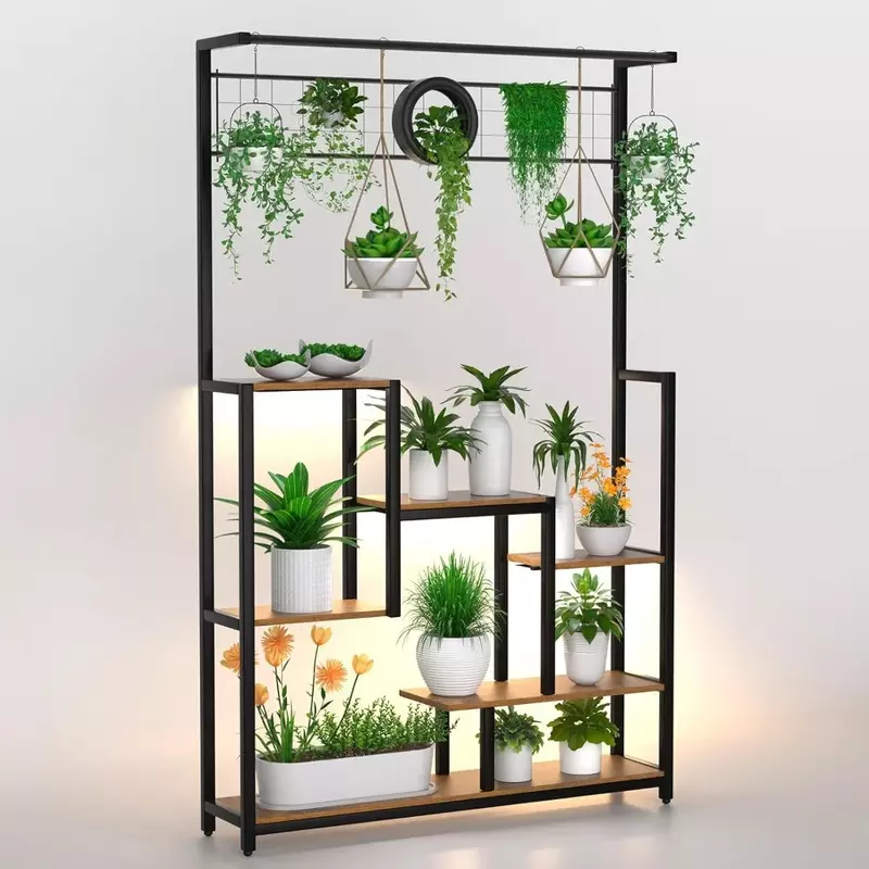 Grand support de plantes d'intérieur avec lampes de croissance, support de plantes en métal à 6 niveaux pour plantes multiples, grand présentoir à plantes T1