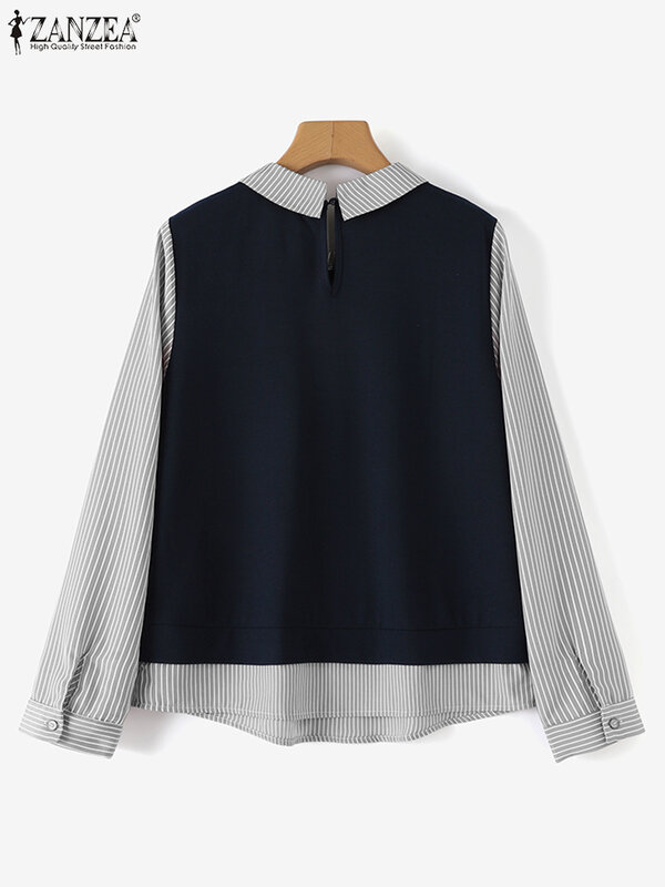 Jesienne modne bluzy swetry z długim rękawem do klapy ZANZEA na co dzień w paski koszula patchworkowa kobiece eleganckie bluzy robocze 2023